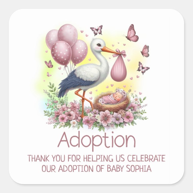 Pink Stork Girl Adoption Baby Shower Thank You Square Sticker (Front)