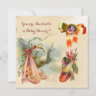 PINK STORK GIRL BABY SHOWER,GEMSTONE MONOGRAM INVITATION