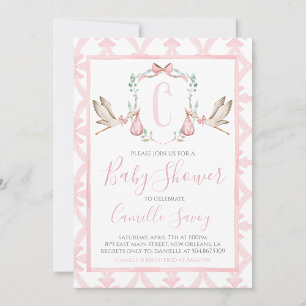 Pink Stork Girl Baby Shower Preppy Southern Invitation