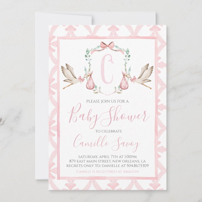 Pink Stork Girl Baby Shower Preppy Southern Invitation (Creator Uploaded)