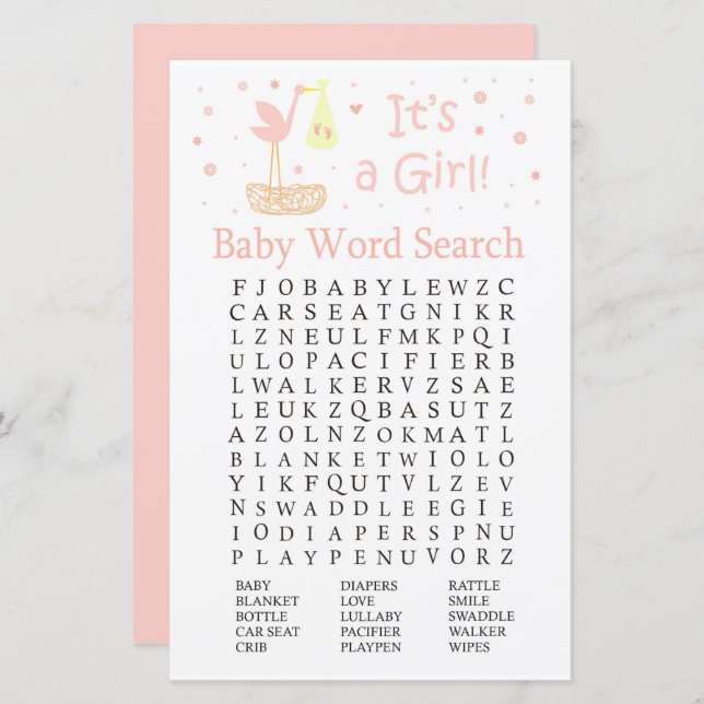Pink Stork nest Baby Shower Word Search Game (Front/Back)