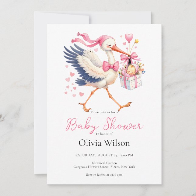 Pink Stork With Baby Invitation (Front)