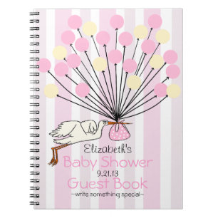 Pink Stork With Balloons Baby Shower Guest Book- Notebook