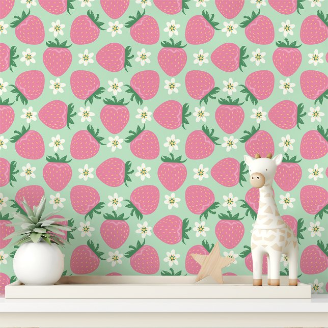 Pink Strawberries And Blooms On Mint Green Wallpaper (Creator Uploaded)