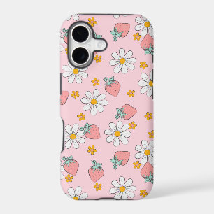 Pink Strawberries and daisies patterned