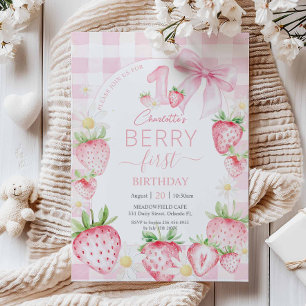 Pink Strawberries Berry First 1st Birthday Invite