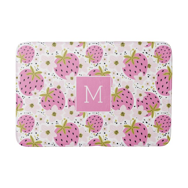 Pink Strawberries Custom Monogram Bath Mat (Front)