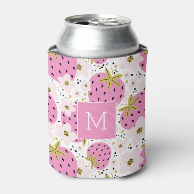 Pink Strawberries Custom Monogram Can Cooler (Can Front)