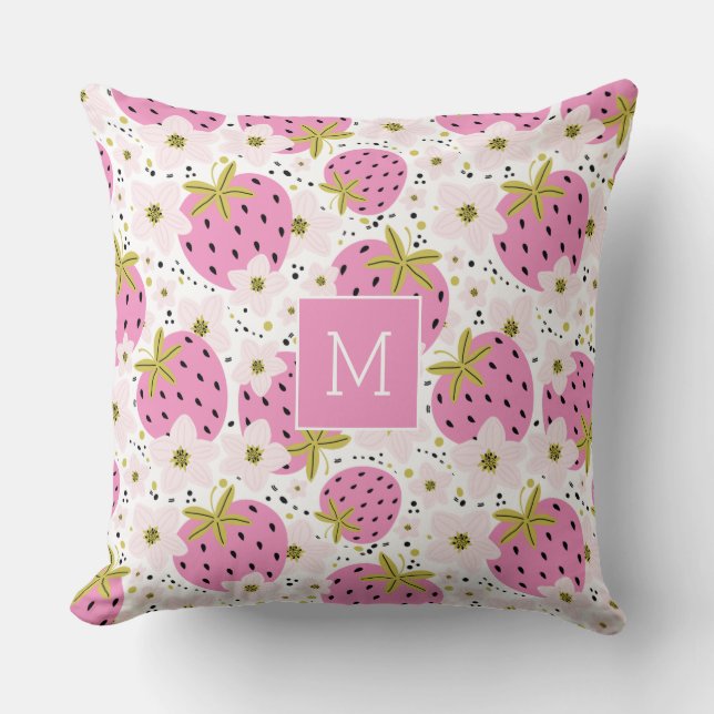 Pink Strawberries Custom Monogram Cushion (Front)