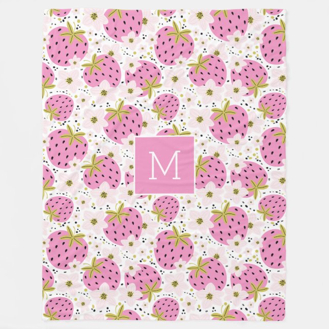 Pink Strawberries Custom Monogram Fleece Blanket (Front)