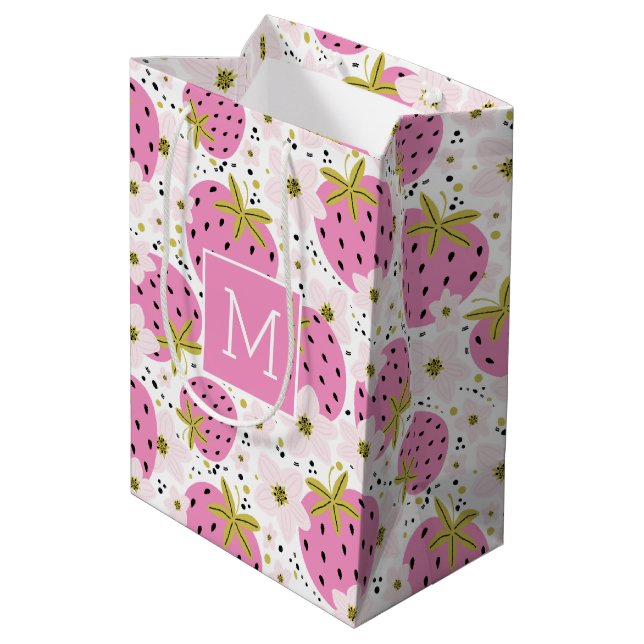 Pink Strawberries Custom Monogram gift bags (Back Angled)