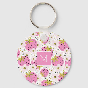 Pink Strawberries Custom Monogram Key Ring
