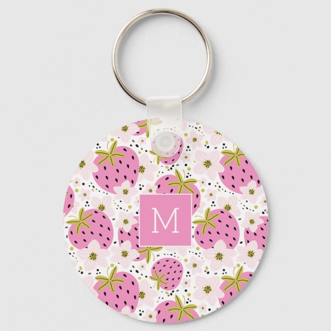 Pink Strawberries Custom Monogram Key Ring (Front)