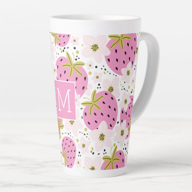 Pink Strawberries Custom Monogram Latte Mug (Right Angle)