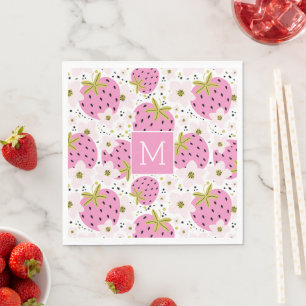 Pink Strawberries Custom Monogram Paper Napkins