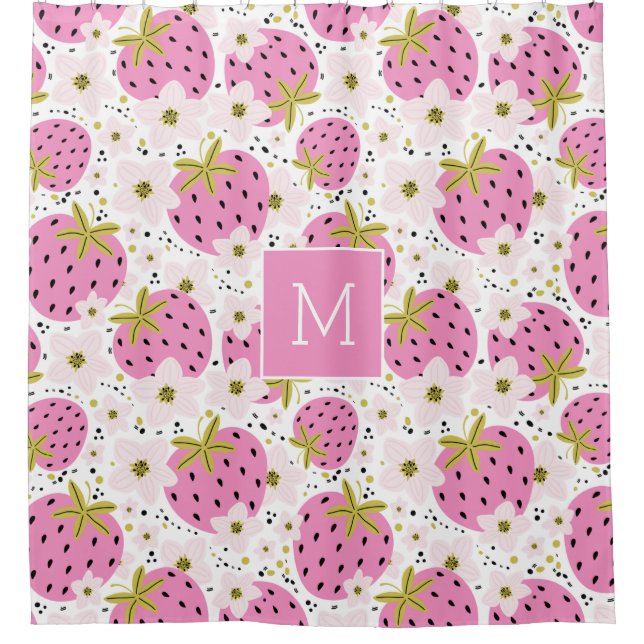 Pink Strawberries Custom Monogram Shower Curtain (Front)