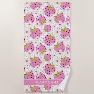 Pink Strawberries Custom Name Beach Towel