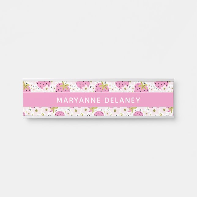 Pink Strawberries Custom Name Door Sign (Front)