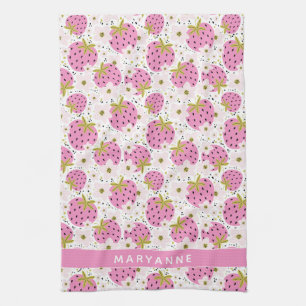 Pink Strawberries Custom Name Tea Towel