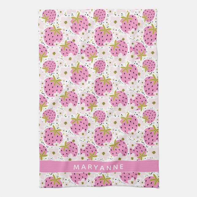 Pink Strawberries Custom Name Tea Towel (Vertical)
