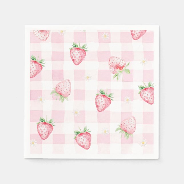 Pink Strawberries Gingham Berry First 1st Birthday Napkin (Front)