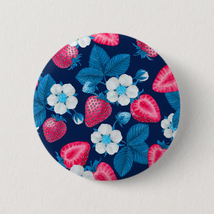 Pink strawberries on blue 6 cm round badge