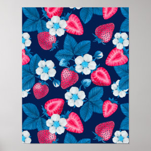 Pink strawberries on blue poster