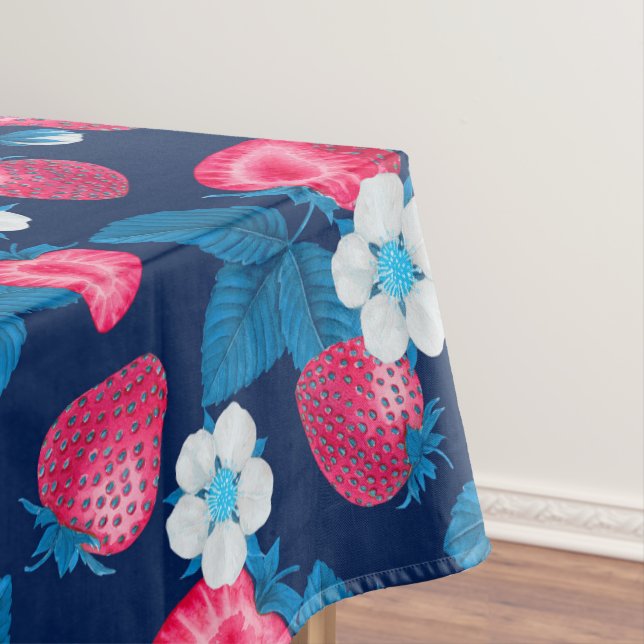 Pink strawberries on blue tablecloth (In Situ)