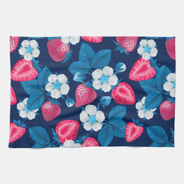 Pink strawberries on blue tea towel (Horizontal)