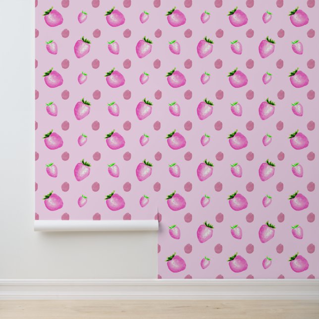 Pink Strawberries Watercolor Baby Nursery Wallpaper (Application)
