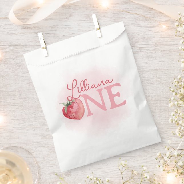 Pink Strawberry 1st Birthday Party Favour Bag (Clipped)