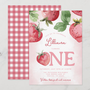 Pink Strawberry 1st Birthday Party Invitation