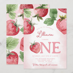 Pink Strawberry 1st Birthday Party Invitation