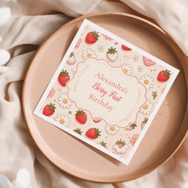 Pink Strawberry Berry First 1st Birthday Napkin (Creator Uploaded)
