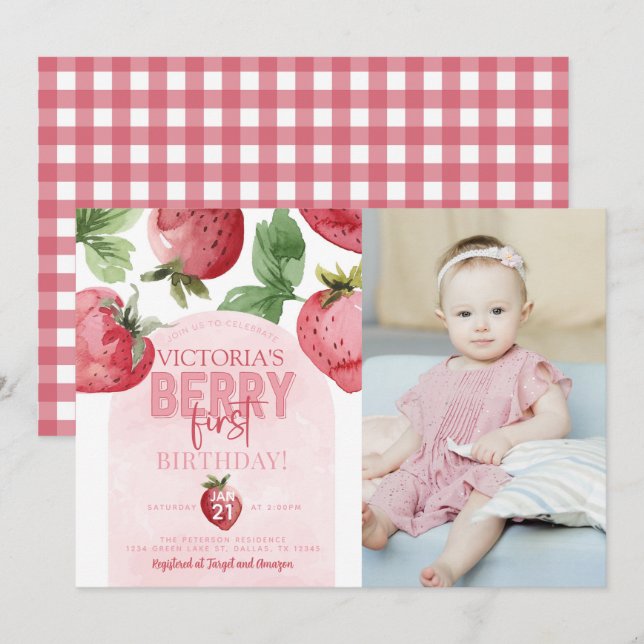 Pink Strawberry Berry First 1st Birthday Party Invitation (Front/Back)