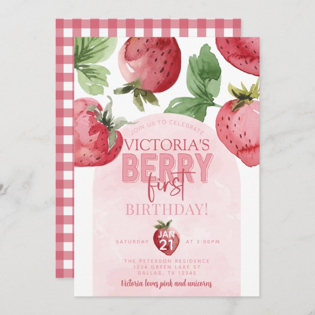 Pink Strawberry Berry First 1st Birthday Party Invitation (Front/Back)