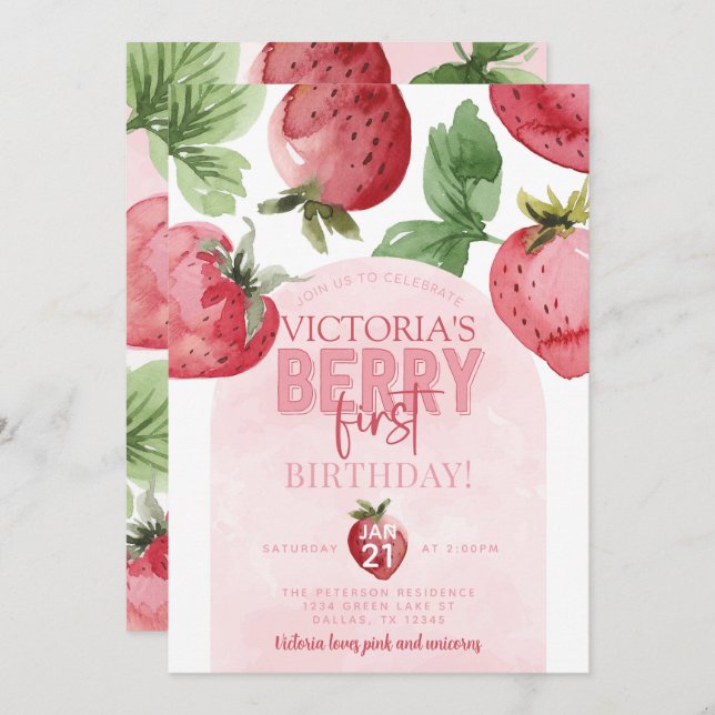 Pink Strawberry Berry First 1st Birthday Party Invitation (Front/Back)