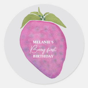 Pink strawberry Berry First Birthday Classic Round Sticker