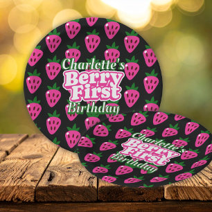 Pink Strawberry Berry First Birthday Paper Plate