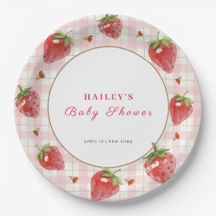Pink Strawberry Berry  Sweet Gingham Baby Shower Paper Plate