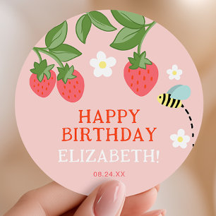 Pink Strawberry Birthday Party Favour Thank you Classic Round Sticker
