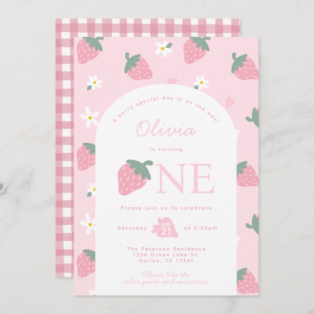 Pink Strawberry Birthday Party Invitation (Front/Back)