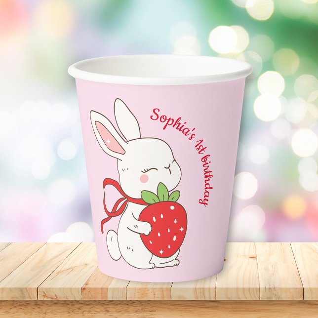 Pink Strawberry Bunny Birthday Paper Cups (Creator Uploaded)