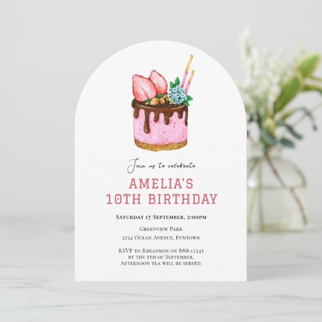 Pink Strawberry Cake birthday invitation (Standing Front)