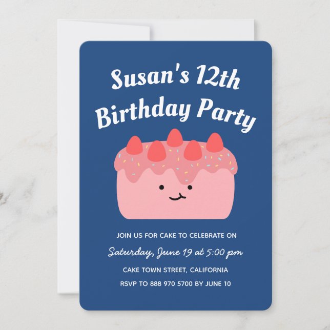Pink Strawberry Cake Birthday Party Invitation (Front)