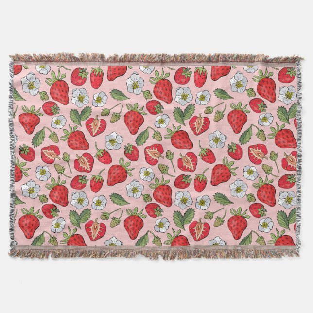 Pink Strawberry Cottagecore Cosy Woven Throw Blanket (Front)
