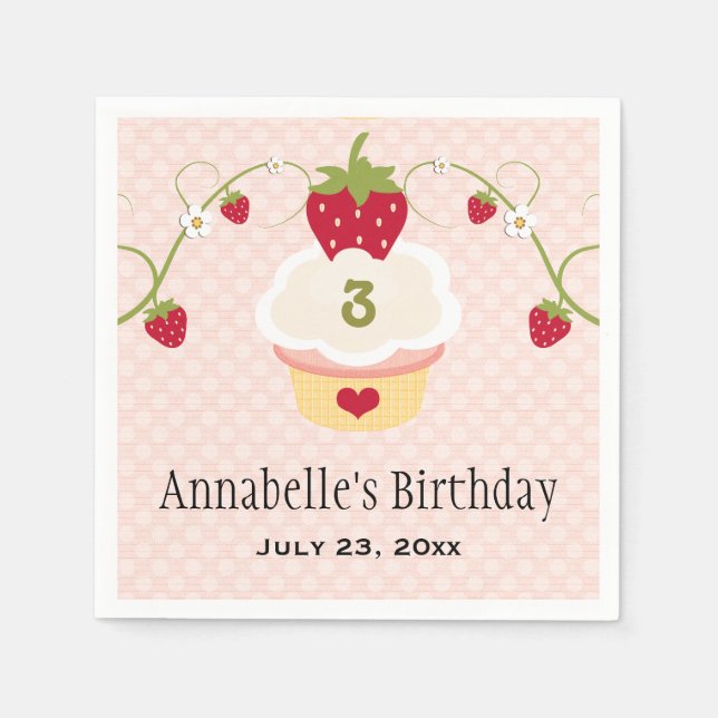 Pink Strawberry Cupcake Birthday Party Any Age Napkin (Front)