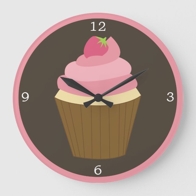 Pink Strawberry Cupcake Large Clock (Front)
