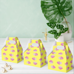 Pink strawberry cupcakes on yellow favour box
