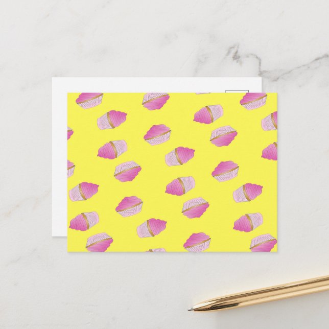 Pink strawberry cupcakes on yellow postcard (Front/Back In Situ)